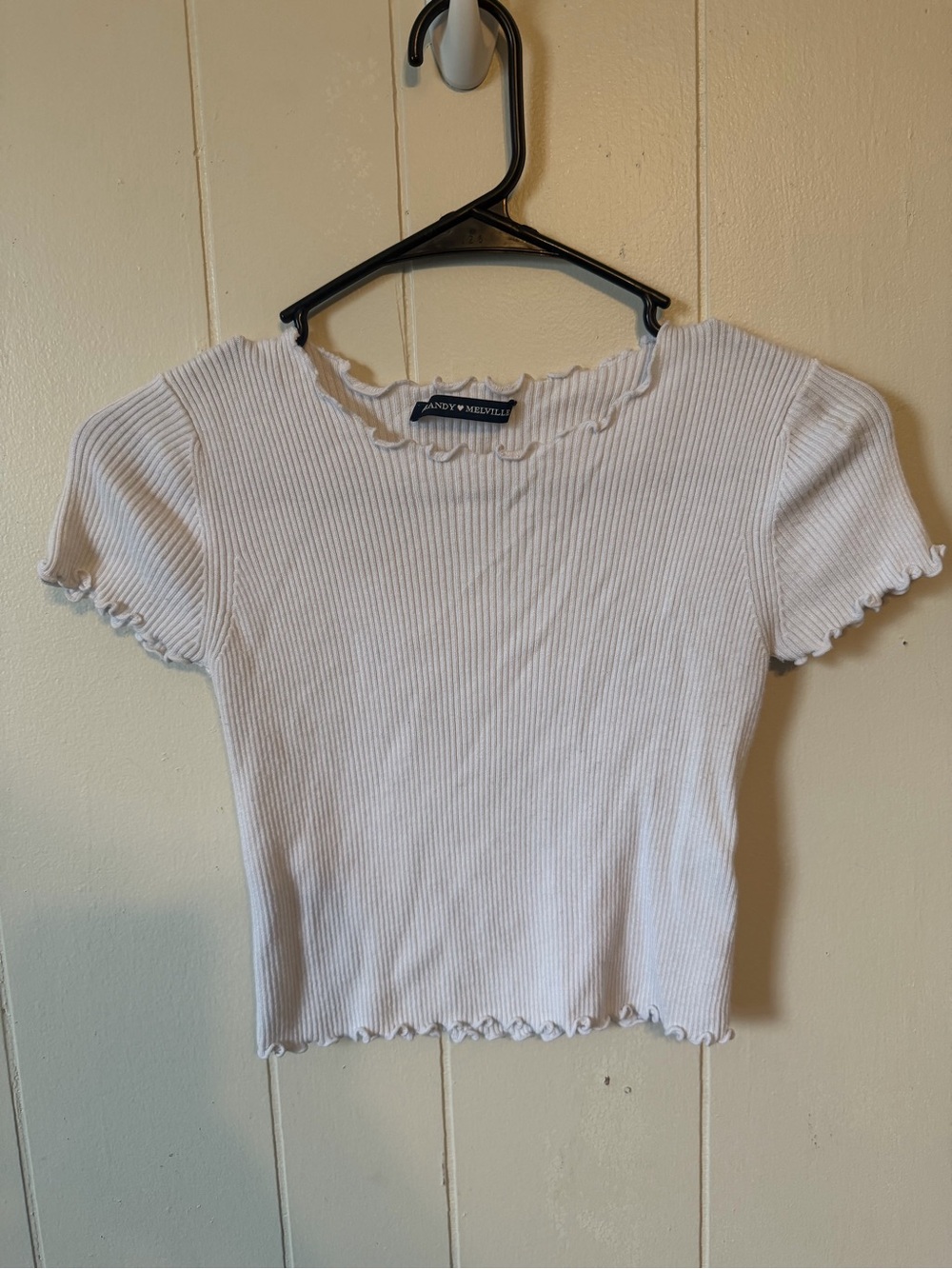 Brandy Melville White Ribbed Lettuce-Edge Crop Top